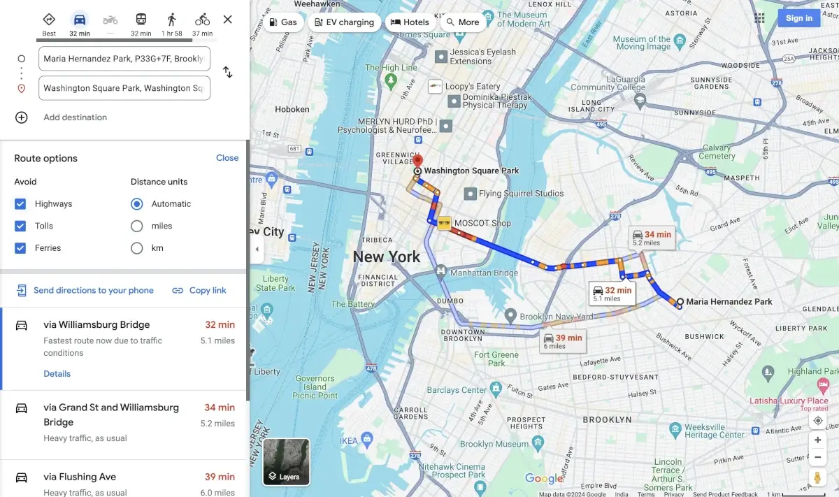 Google Maps-avoid tolls, highways and ferries