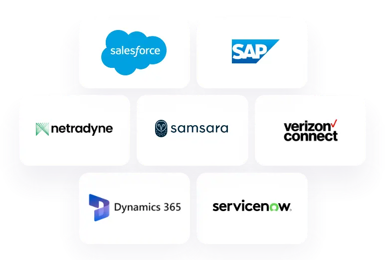 NextBillion.ai: Integrates with all your fleet management tools | Samsara, Salesforce, SAP, ServiceNow, Verizon, Netradyne