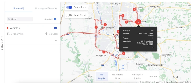 Optimized routes in route planner