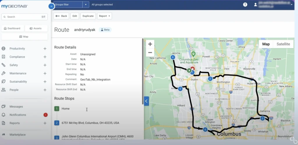 Disptach route to Geotab