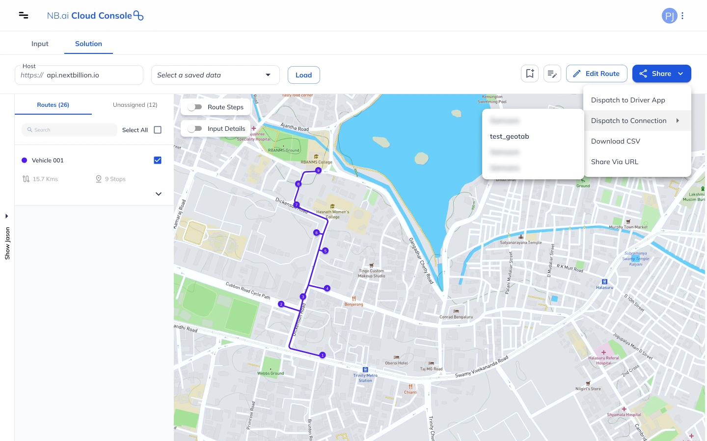 send routes to geotab