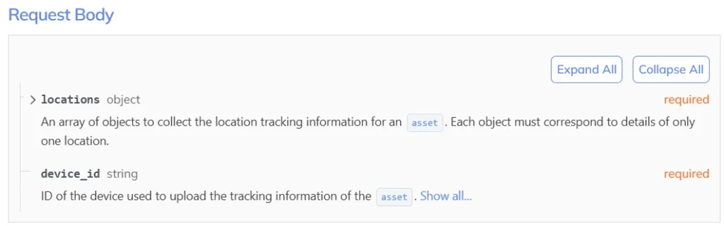 request body Upload locations of an Asset