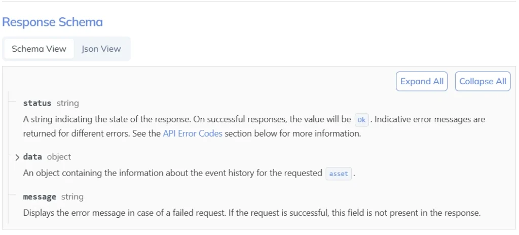 response schema Event History of an Asset