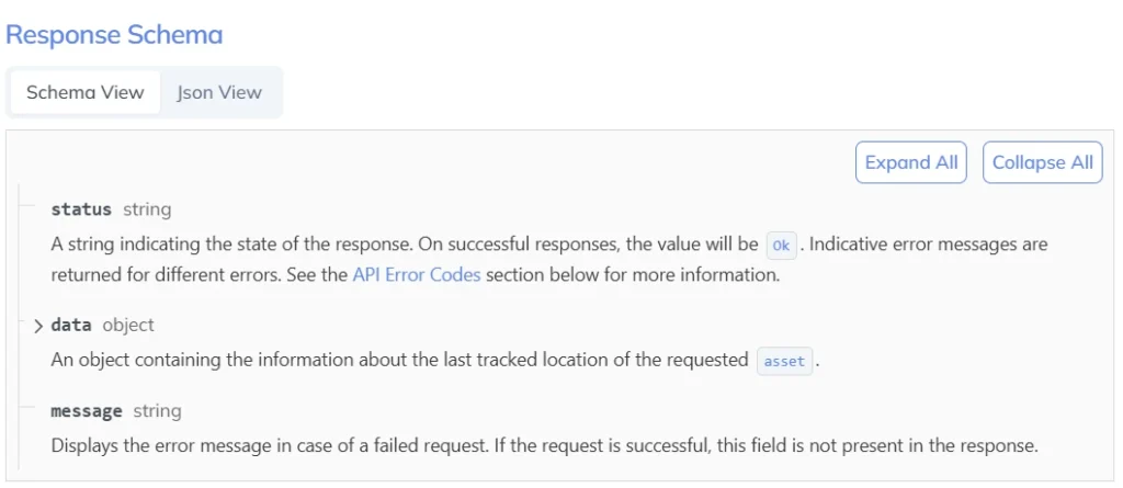 response schema Track the last location of an Asset