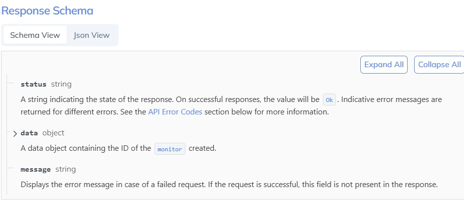 response schema create a monitor