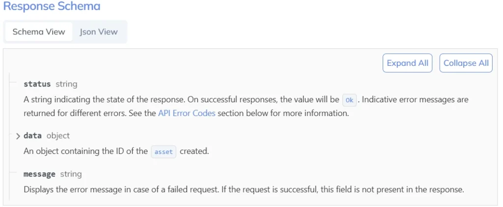 response schema create an asset