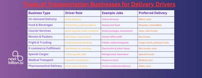 types of transportation businesses for delivery drivers